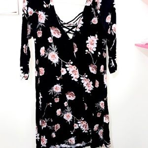 floral long sleeve short knee length dress
